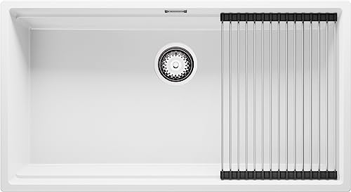 Spülbecken Weiß 86x47 cm, Granitspüle + aufrollbare Abtropffläche + Ablauf-Set, Küchenspüle für 90er Unterschrank, Unterbauspüle von Primagran von Primagran