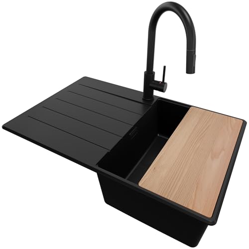 PRIMAGRAN Granitspüle Alles Schwarz 78x50cm, Spülbecken 1 Becken + Ablauf-Set + Küchenarmatur 40x22cm + Schneidebrett, Küchenspüle ab 45er Unterschrank - Kopenhagen von Primagran