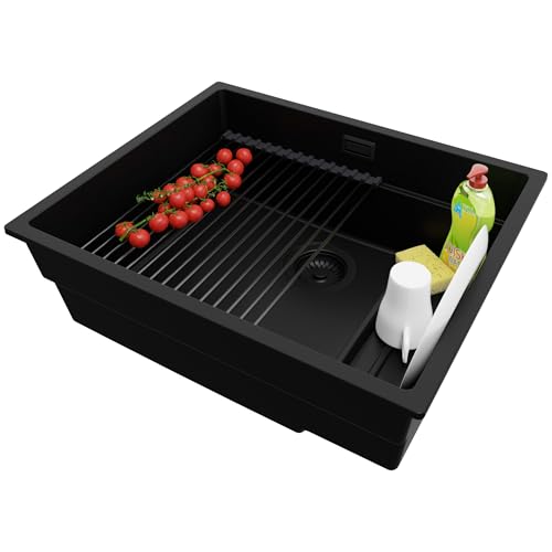 Unterbauspüle Granit Alles Schwarz 56x47cm, Spülbecken 1 Becken + Ablauf-Set + Aufrollbare Abtropffläche, Granitspüle ab 60er Unterschrank - Prag von Primagran von Primagran