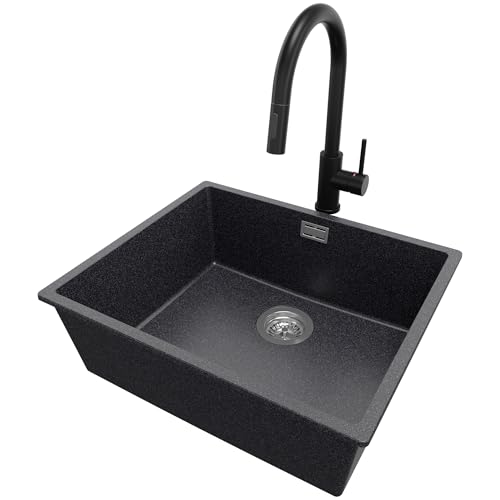 Unterbauspüle Granit Anthrazit 56x47cm, Spülbecken 1 Becken + Ablauf-Set + Küchenarmatur, Granitspüle ab 60er Unterschrank - London von Primagran von Primagran