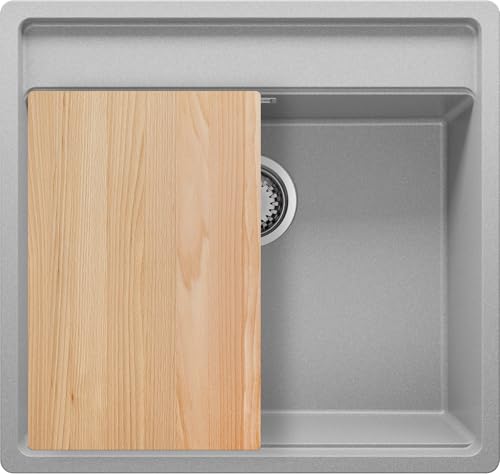 PRIMAGRAN Unterbauspüle Granit Grau 56x53cm, Spülbecken 1 Becken + Ablauf-Set + Schneidebrett, Granitspüle ab 60er Unterschrank - Bergen von Primagran
