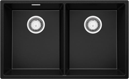 Unterbauspüle Granit Schwarz 76x47cm, Spülbecken 2 Becken + Ablauf-Set, Granitspüle ab 80er Unterschrank - London Twin von Primagran von Primagran