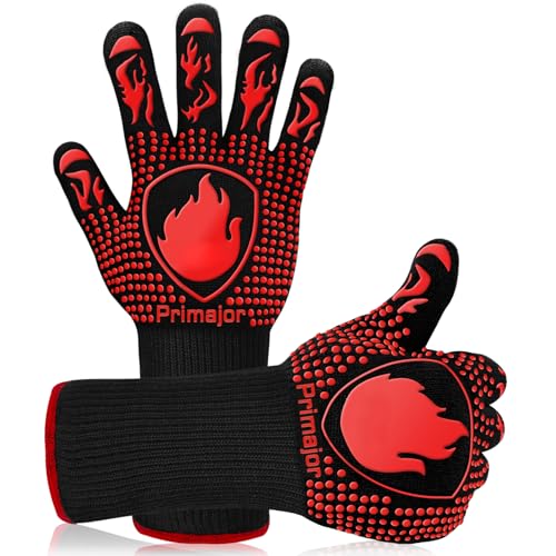 Primajor Grillhandschuhe Hitzebeständig bis 800°C, Grill Handschuhe mit verlängerter Stulpe, Ofenhandschuhe Topfhandschuhe Kochhandschuhe Feuerfeste Handschuhe zum Backen, Grillen, Kochen, BBQ von Primajor