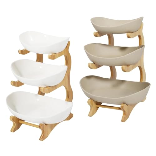 Primal Internet GmbH Premium Obstschale Keramik und Holz | Obst Etagere 3 stöckig | Obstkorb groß | Design-Früchteschale mehrstöckig (Weiß) von Primal Internet GmbH