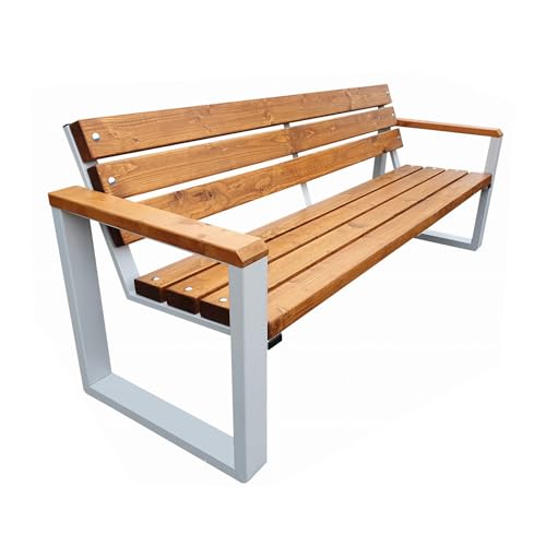 Primario Grande Gartenbank Wetterfest Holz - Holzbank Outdoor Pulverbeschichtet - Parkbank aus Skandinavische Fichte - Geschliffene Bretter - Bank mit Solider Rahmen (Posener RAL9006/Eiche, 150 cm) von Primario Grande