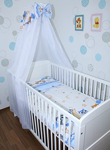 Baby Bettset Bettwäsche mit Himmel Chiffon - Eule Blau - Bettausstattung Set (7 teilig) von Primawela
