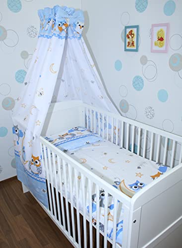 Primawela Baby Bettset Bettwäsche mit Himmel Vollstoff - Eule Blau - Bettausstattung Set (7 teilig) von Primawela