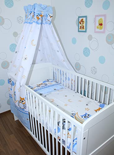 Primawela Baby Bettset Bettwäsche mit Himmel Vollstoff - Eule Blau - Bettausstattung Set (5 teilig) von Primawela