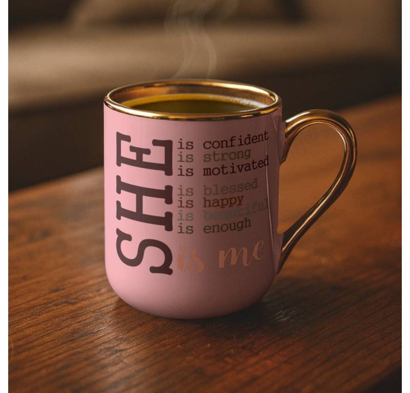 Primawela Tasse Kaffee Tasse mit glänzendem Goldrand Spruch Starke Selbstbewusste Frau von Primawela