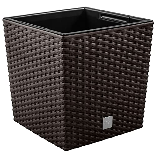 Prime Garden® SquarePot Rattan Blumentopf Topf aus Kunststoff mit Einsatz zum Haus, Garten, Terrasse, Veranda - Quadratisch Wetterresistent Frostbeständig (17 x 17 x 17 cm, Umbra) von Prime Garden