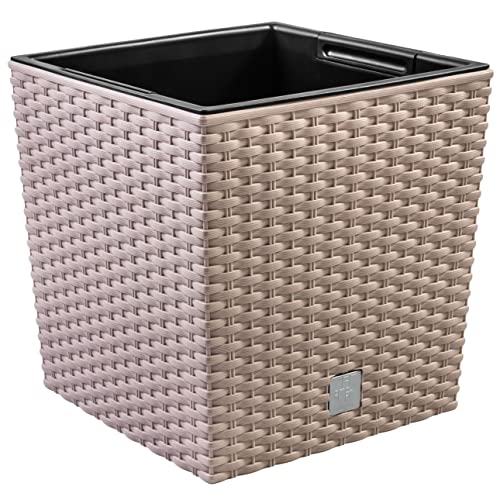 Prime Garden® SquarePot Rattan Blumentopf Topf aus Kunststoff mit Einsatz zum Haus, Garten, Terrasse, Veranda - Quadratisch Wetterresistent Frostbeständig (26 x 26 x 27 cm, Mocca) von Prime Garden