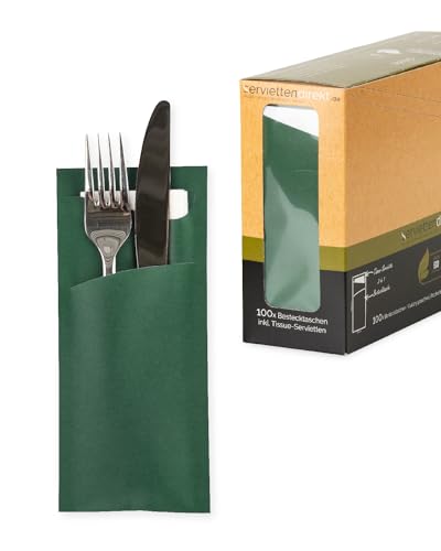 PRIME GUEST Bestecktasche Papier 85x190mm mit 2-lagiger Tissue Serviette in Weiß, Serviettentasche ideal für Gastronomie und Feiern 100 Stück (Dunkelgrün) von PG PrimeGuest SUPPLY