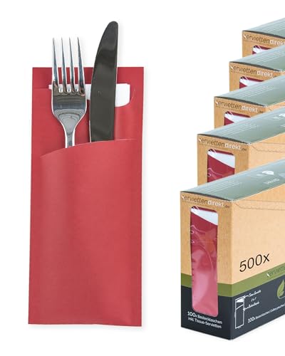 Prime Guest Serviettentasche Bestecktasche Prime Fit 85x190mm mit 2-lagiger Tissue Serviette in Weiß Bestecktaschen mit Servietten ideal für Gastronomie und Feiern 500 Stück (Rot) von PG PrimeGuest SUPPLY
