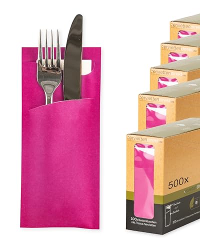 Prime Guest Bestecktaschen mit Serviette 85x190mm, Serviettentaschen mit 2-lagiger Tissue-Serviette in Weiß, ideal für Gastronomie und Feiern 500 Stück (Pink) von Prime Guest