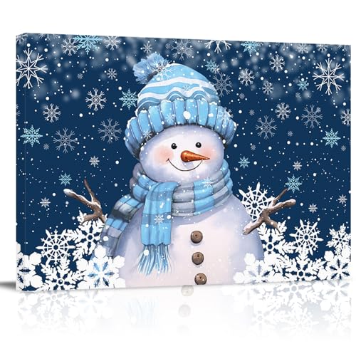 Kunstdruck auf Leinwand, Motiv: Blauer Weihnachtsschneemann mit Kappe, Baum, Winterschneeflocke, Wanddekoration, modernes Kunstwerk, Gemälde für Wohnzimmer, gespannt und gerahmt, fertig zum Aufhängen von Prime Leader
