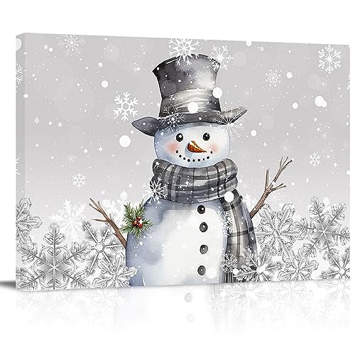 Kunstdruck auf Leinwand, Motiv: grauer Schneemann, Winter, Schneeflocke, Schneemann mit grauem Hut, kariertem Schal, Wanddekoration, modernes Kunstwerk für Wohnzimmer, gespannt und gerahmt, fertig zum von Prime Leader