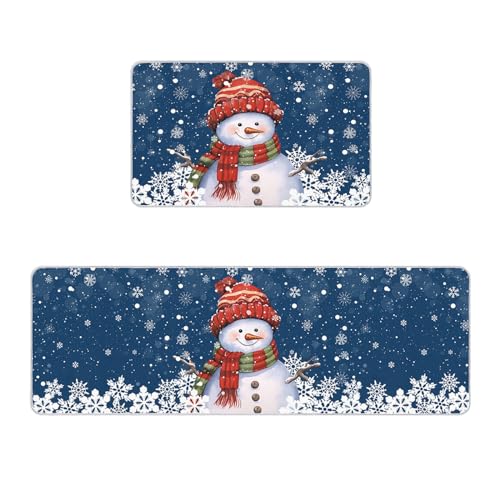 Rutschfeste Küchenmatte, Läufer, Teppich-Set, Fußmatte, Weihnachtsschneemann mit Kappe, Weihnachtsbaum, Schneeflocke, marineblau, Fußmatten, Gummi-Rückseite, Teppich, für den Innenbereich, Bodenmatte von Prime Leader