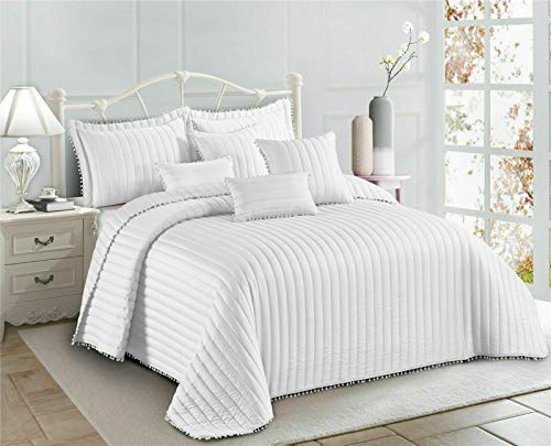 Prime Linen 3-teiliges gesteppte Tagesdecke, geprägtes Muster, Bettdeckenbezug, Bettüberwurf mit Kissenbezügen, Pompon, weiß, Einzelbett von Prime Linen