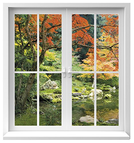 Premiumdesign Wandtattoo Fenster Ausblick in einen Japanischen Garten in Originalgröße 120 x 130cm farbig #132 von PrimeStick