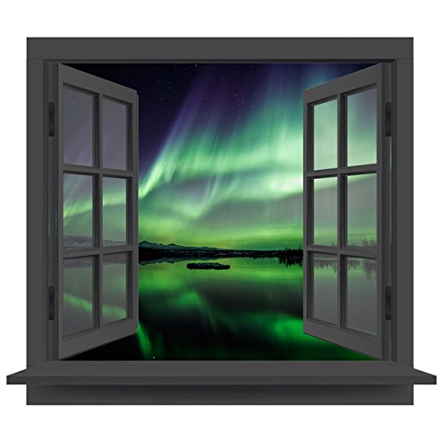 Premiumdesign Wandtattoo Fenster atemberaubender Ausblick auf die Polarlichter des Nordens aus dunklem Fenster in Originalgröße 120 x 102cm farbig #137 von PrimeStick