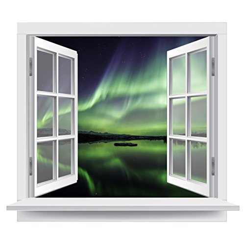 Premiumdesign Wandtattoo Fenster atemberaubender Ausblick auf die Polarlichter des Nordens aus hellem Fenster in Originalgröße 120 x 102cm farbig #136 von PrimeStick