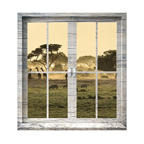 Premiumdesign Wandtattoo Holz-Fenster Ausblick in die Savanne Afrika in Originalgröße 120 x 130cm farbig #146 von PrimeStick