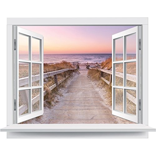 Premiumdesign Wandtattoo offenes Fenster heimischer Strandausblick in Originalgröße 130 x 101cm farbig #140 von PrimeStick
