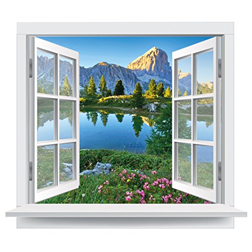 Premiumdesign Wandtattoo offenes Fenster italienische Dolomiten Ausblick Bergsee in Originalgröße 120 x 102cm farbig #141 von PrimeStick