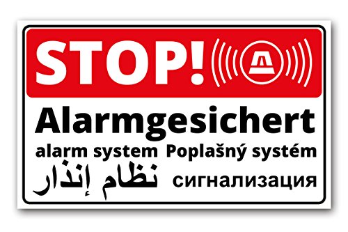PrimeStick Stop - Alarmgesichert Schild - 5-sprachig | Deutsch | Englisch | Arabisch | Tschechisch | Russisch 25x15 cm von PrimeStick