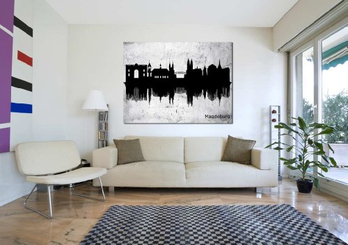 meinKlangbild ® Exklusiver Kunstdruck Design auf Canvas Keilrahmenleinwand Skyline Stadt Magdeburg steinoptik grau schwarz 120 x 80 cm von PrimeStick
