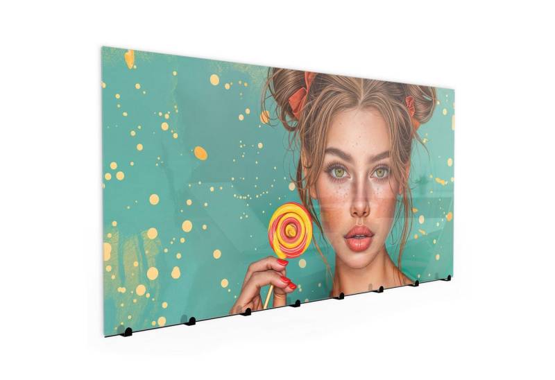 Primedeco Garderobenpaneel Kleiderhaken aus Glas Frau Mit Lollipop (1 St., Inkl. Magnete, Stifte und Montagematerial), Magnetisch & Beschreibbar von Primedeco