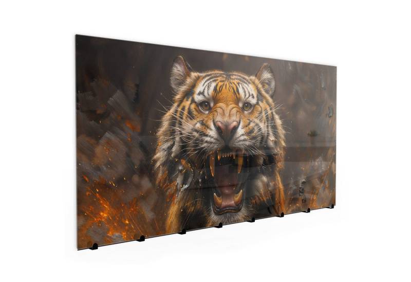 Primedeco Garderobenpaneel Kleiderhaken aus Glas Tiger im Feuer (1 St., Inkl. Magnete, Stifte und Montagematerial), Magnetisch & Beschreibbar von Primedeco