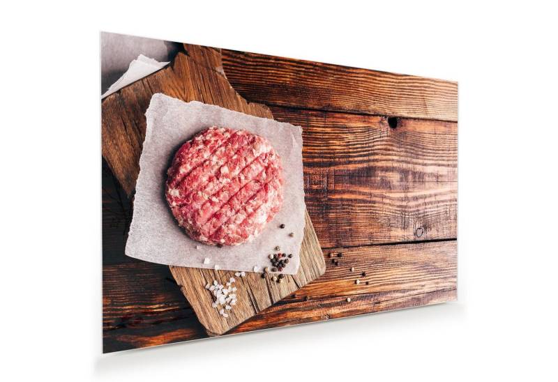 Primedeco Glasbild Wandbild Burgerpatty mit Aufhängung, Speisen von Primedeco