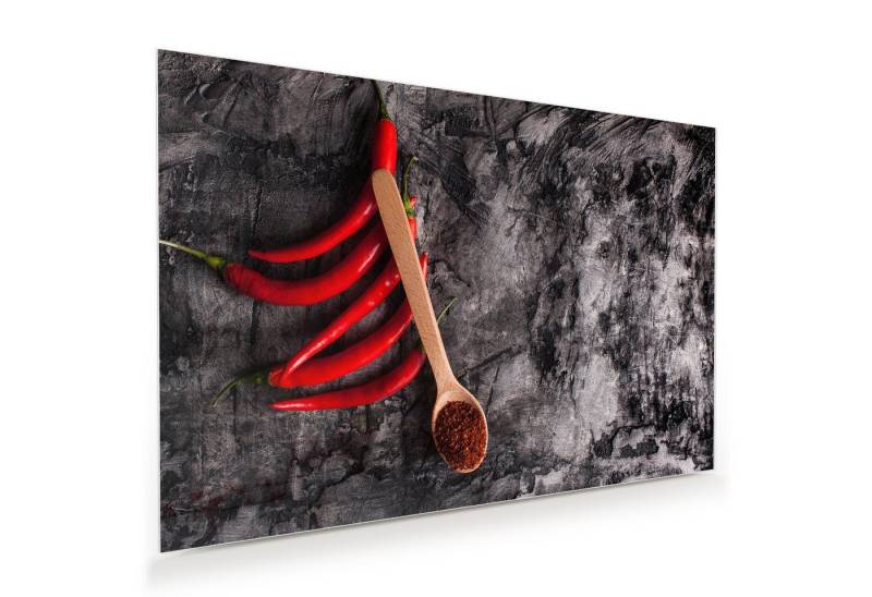 Primedeco Glasbild Wandbild Chilischoten und Löffel mit Aufhängung, Gewürze von Primedeco