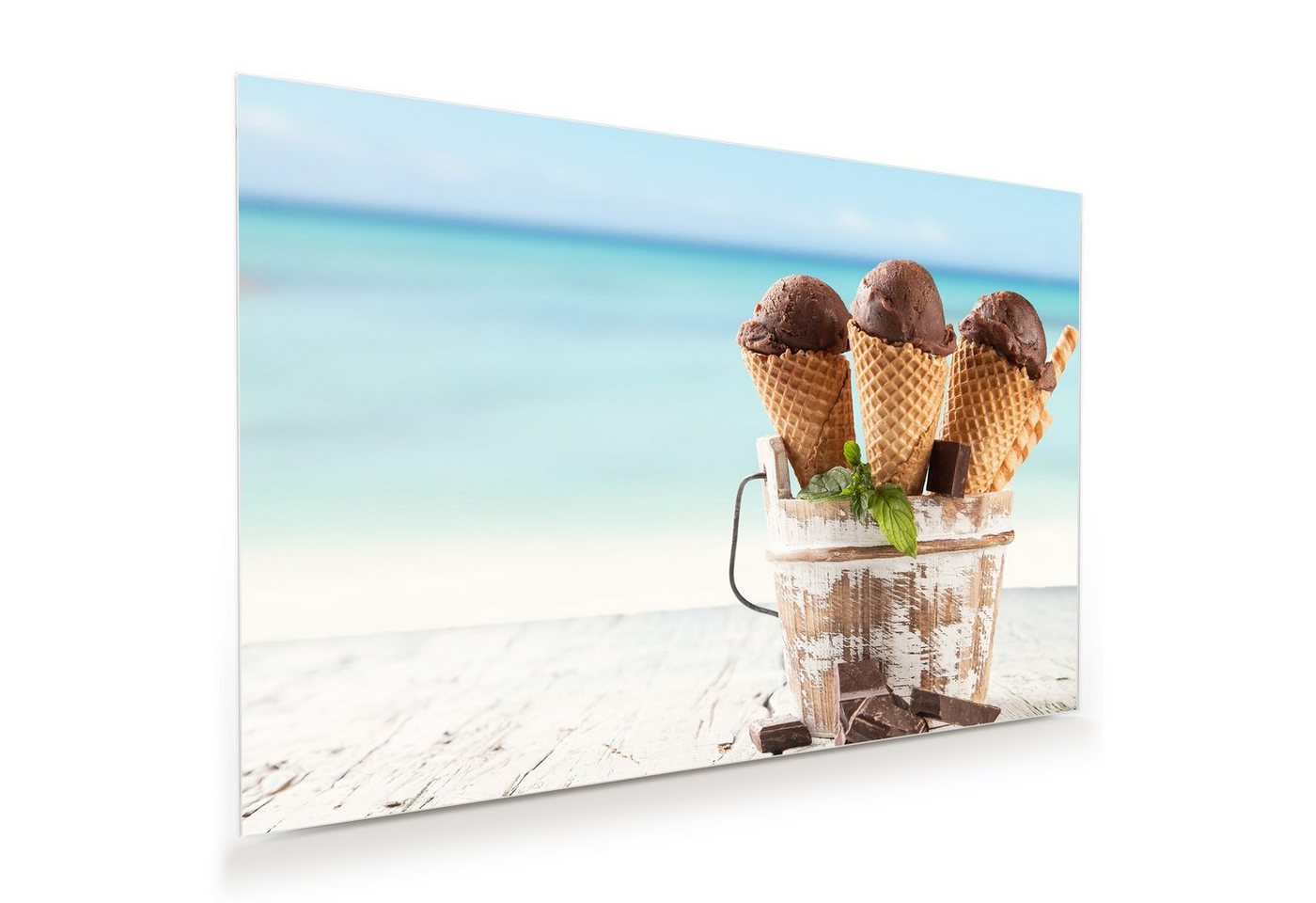 Primedeco Glasbild Wandbild Eiscreme im Topf am Meer mit Aufhängung, Süsses von Primedeco