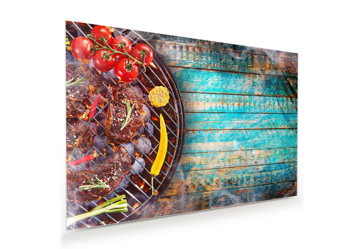 Primedeco Glasbild Wandbild Fleisch auf Grill mit Aufhängung, Speisen von Primedeco