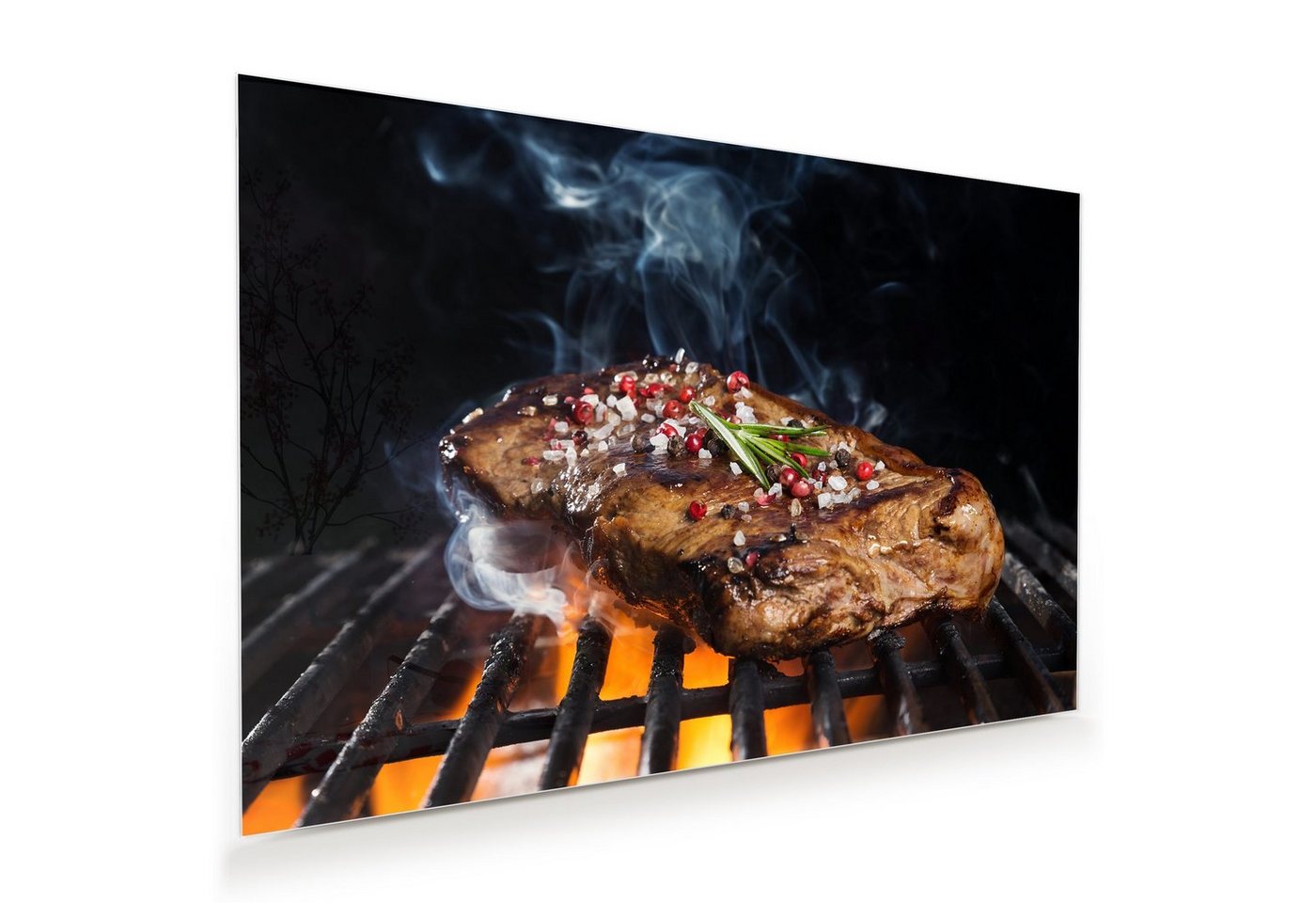 Primedeco Glasbild Wandbild Heisser Grill mit Fleisch mit Aufhängung, Speisen von Primedeco