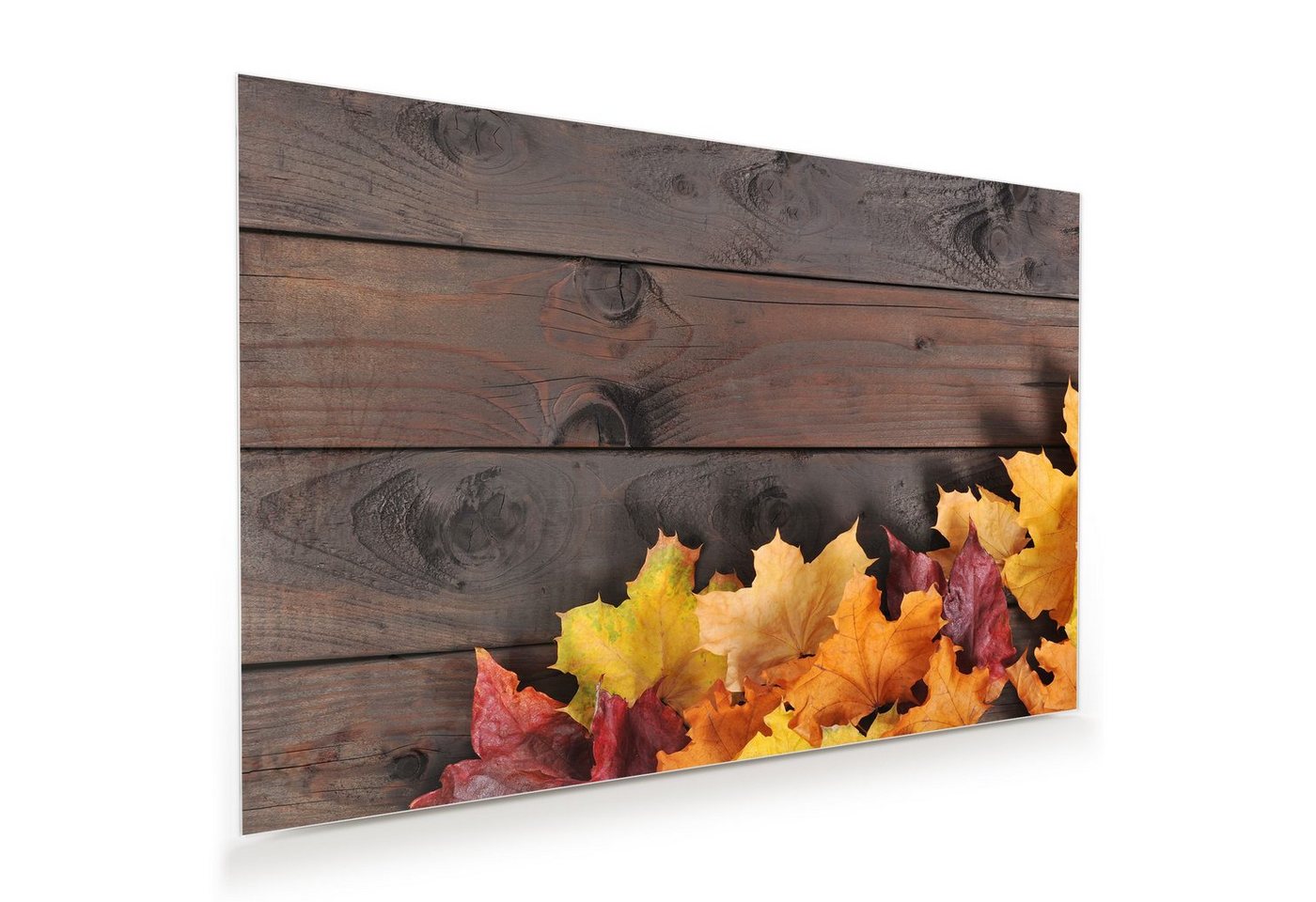 Primedeco Glasbild Wandbild Herbstlaub auf Tisch mit Aufhängung, Blumen von Primedeco