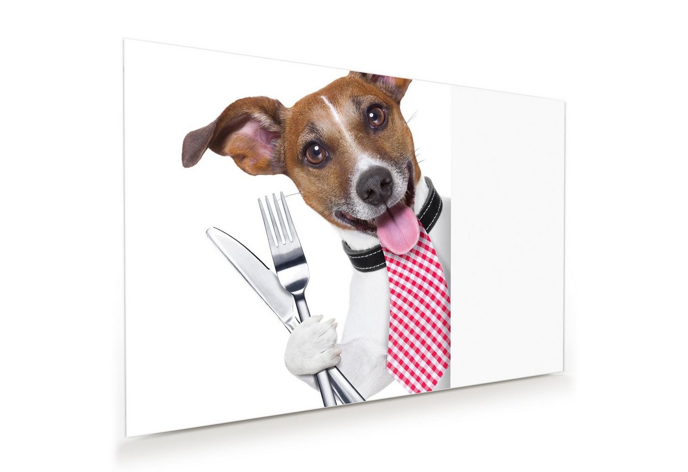 Primedeco Glasbild Wandbild Hund mit Besteck in Pfote mit Aufhängung, Tiere von Primedeco