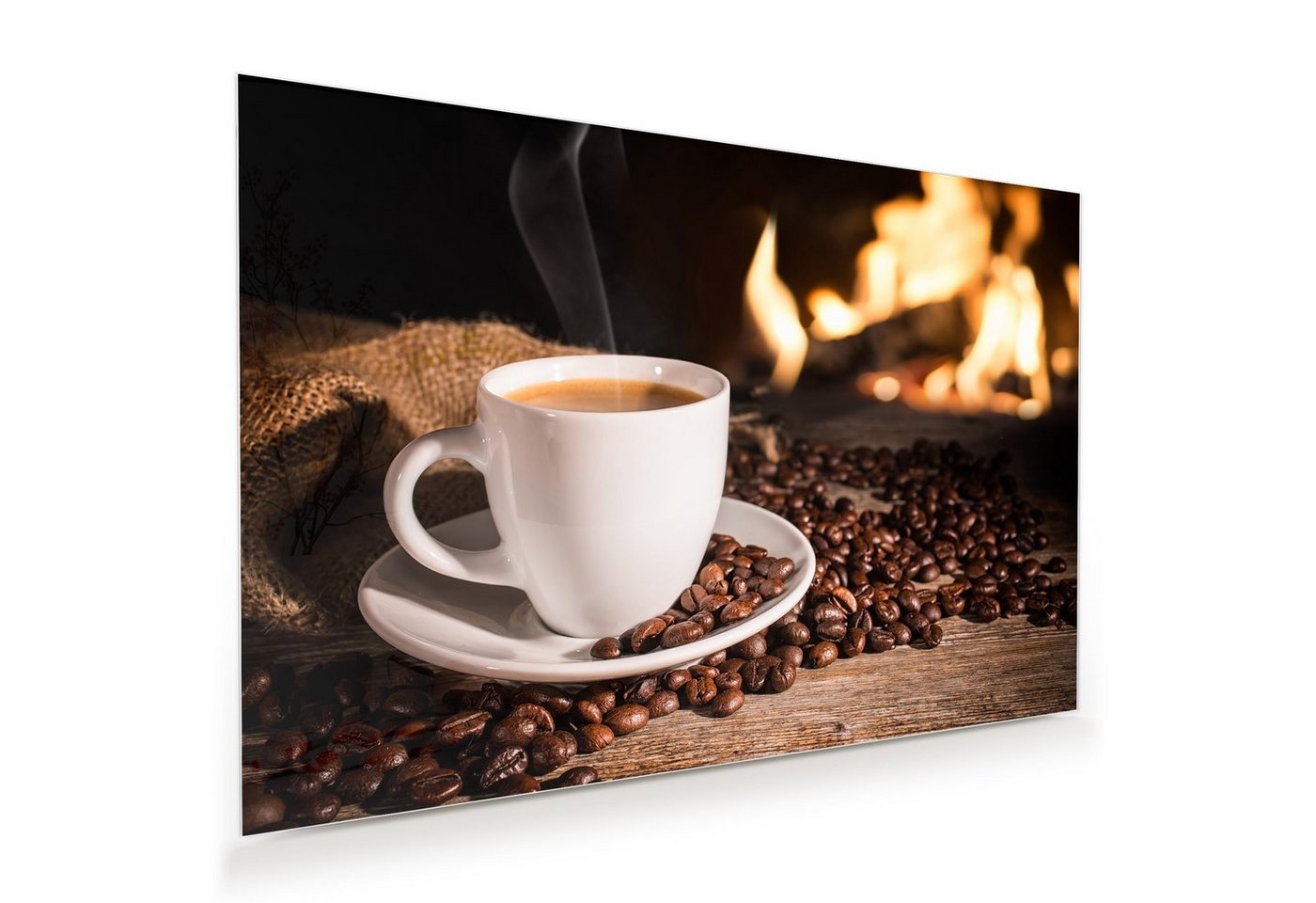 Primedeco Glasbild Wandbild Kaffee vor Kamin mit Aufhängung, Kaffee von Primedeco