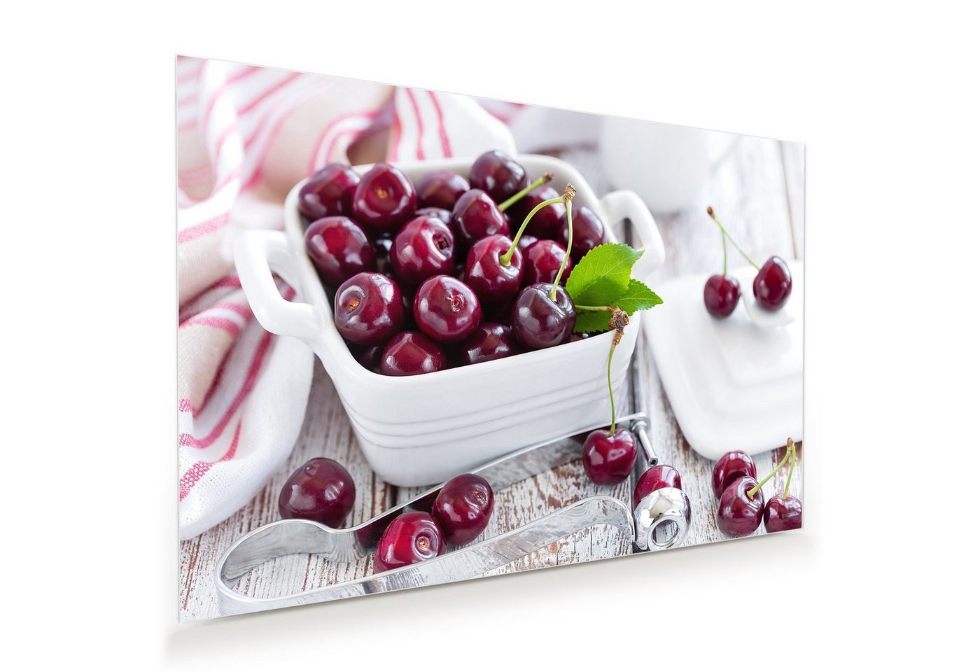 Primedeco Glasbild Wandbild Kirschen im Topf mit Aufhängung, Früchte von Primedeco