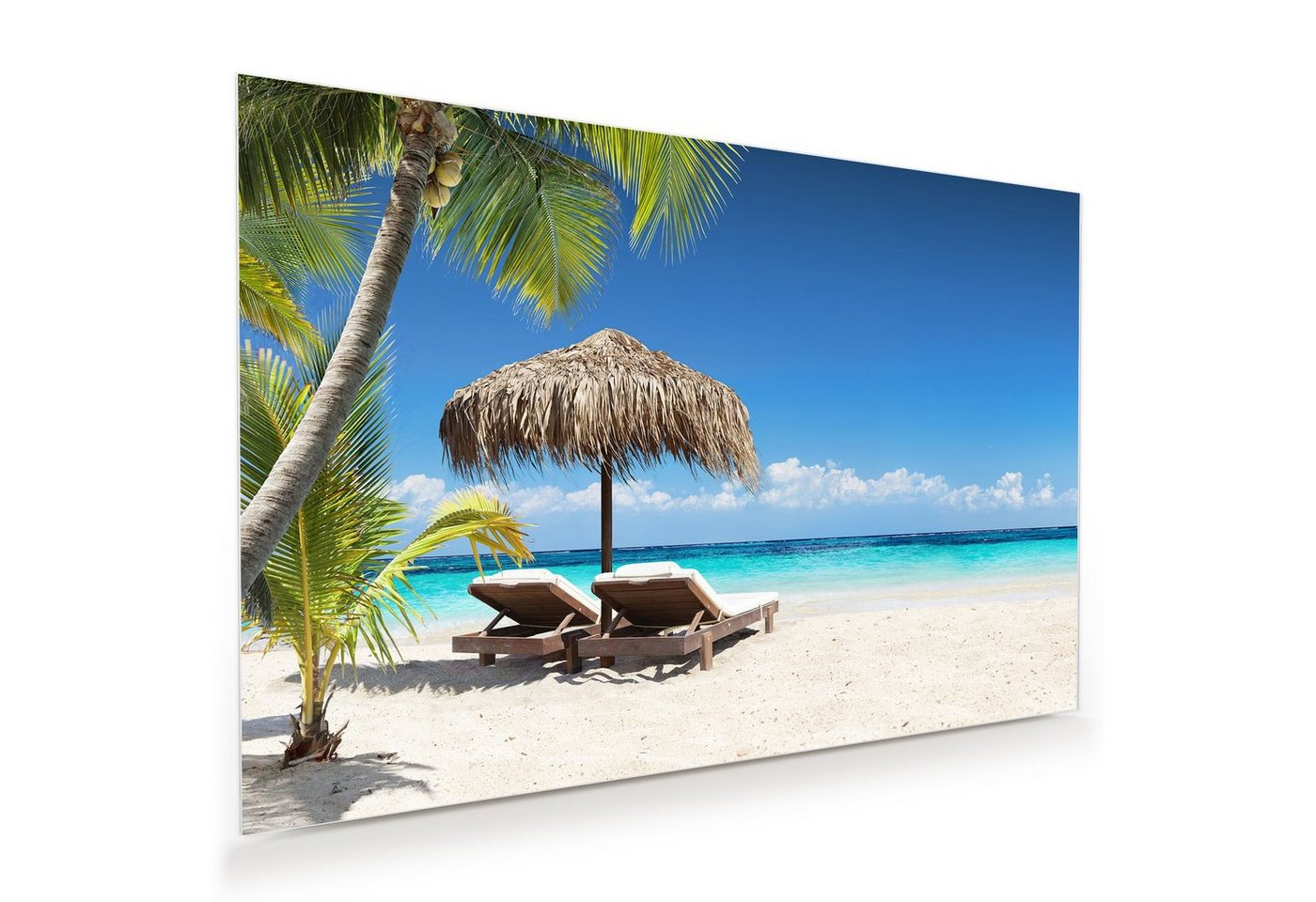 Primedeco Glasbild Wandbild Liegestühle am Strand mit Aufhängung, Natur von Primedeco