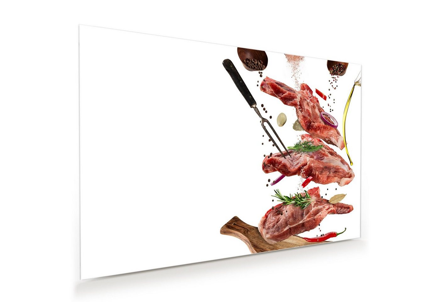 Primedeco Glasbild Wandbild Öl und Fleisch auf Tafel mit Aufhängung, Speisen von Primedeco