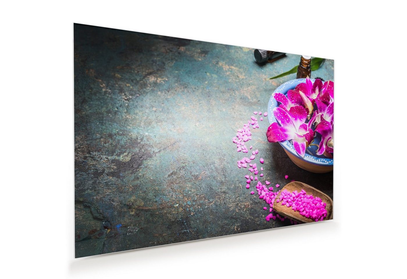 Primedeco Glasbild Wandbild Orchideenblätter in Topf mit Aufhängung, Blumen von Primedeco