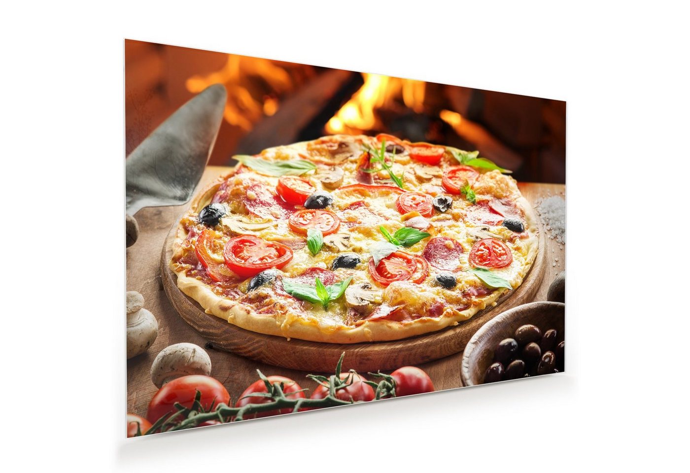 Primedeco Glasbild Wandbild Pizza aus dem Holzofen mit Aufhängung, Speisen von Primedeco