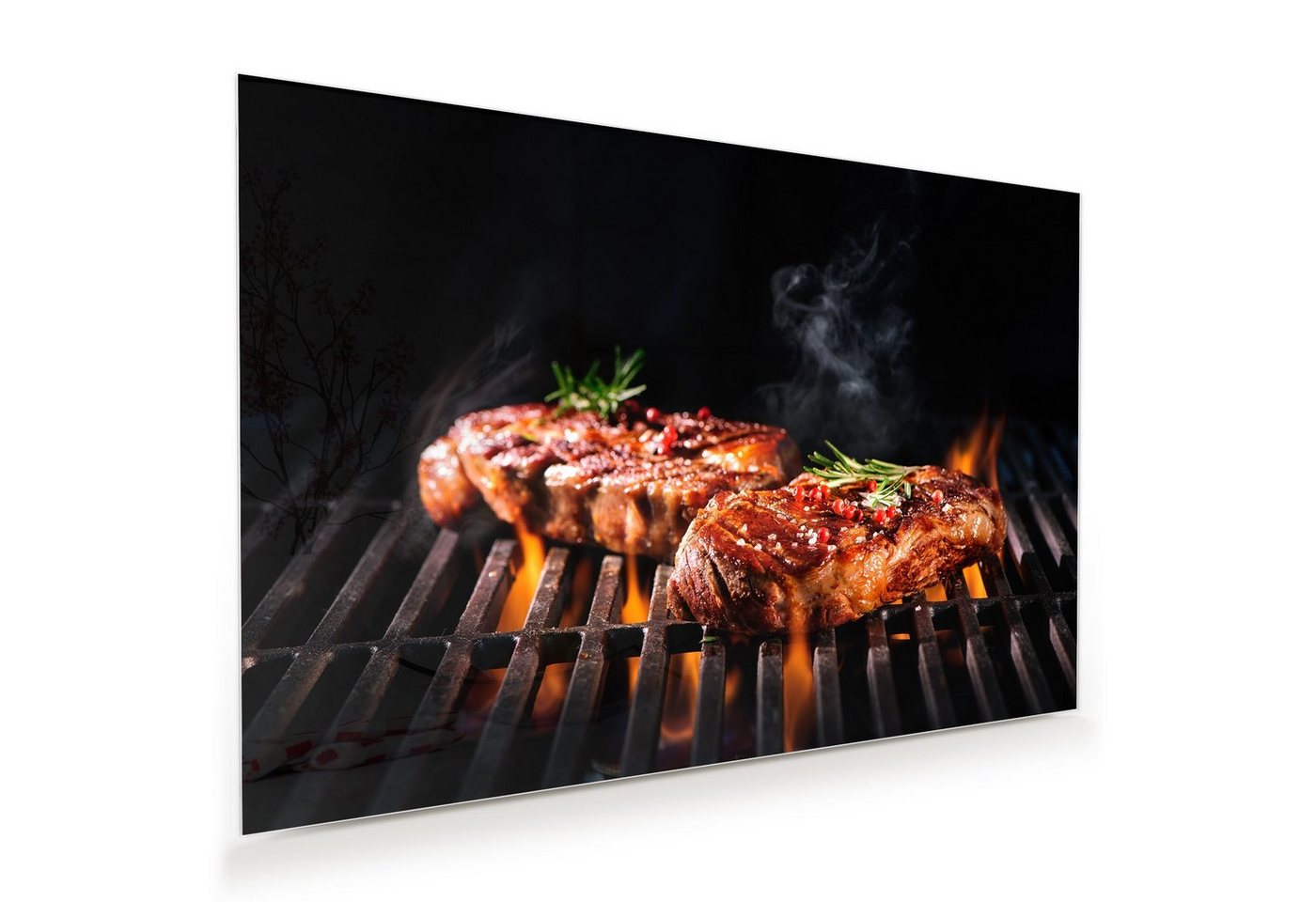 Primedeco Glasbild Wandbild Rindersteak auf Grill mit Aufhängung, Speisen von Primedeco