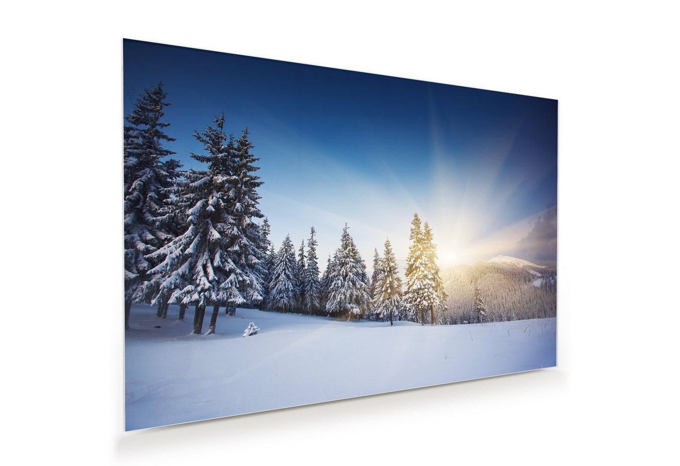 Primedeco Glasbild Wandbild Schnee im Sonnenuntergang mit Aufhängung, Natur von Primedeco
