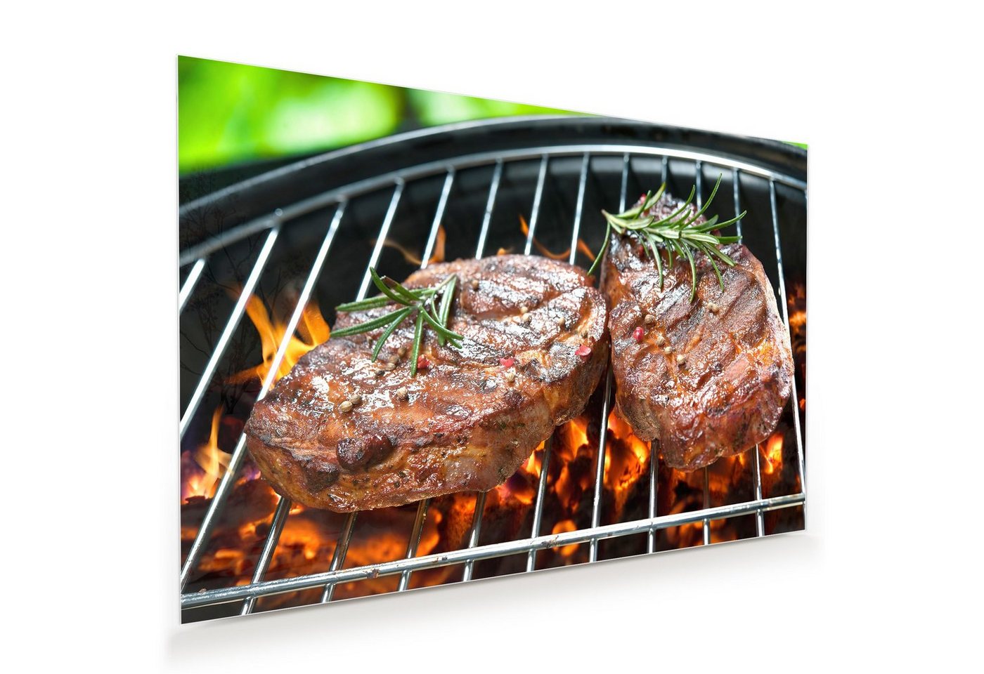Primedeco Glasbild Wandbild Steak auf Grill mit Aufhängung, Speisen von Primedeco