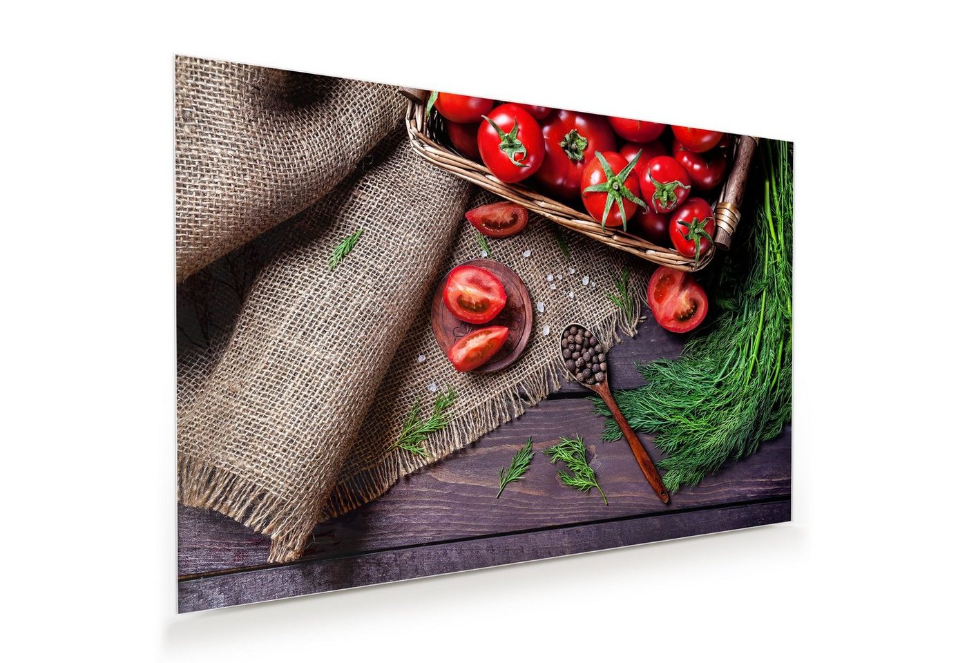 Primedeco Glasbild Wandbild Tomaten im Korb auf Tisch mit Aufhängung, Gemüse von Primedeco