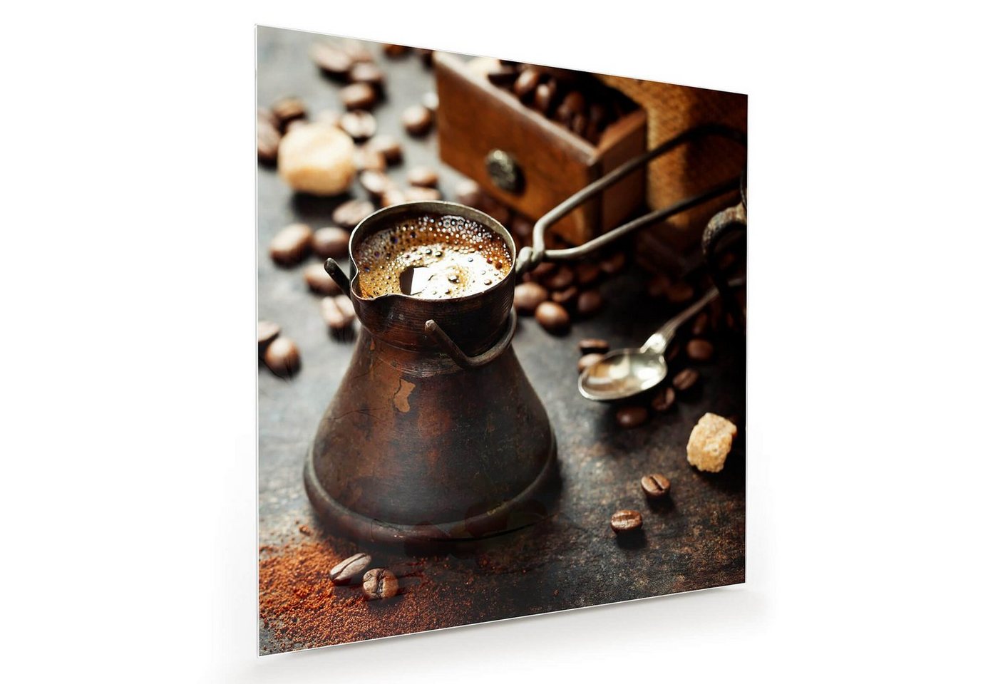Primedeco Glasbild Wandbild Quadratisch Alte Kaffeekanne mit Aufhängung, Kaffee von Primedeco